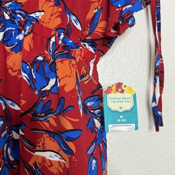 Pioneer Woman Top Medium Cinched Red Blue Floral Dolman Sleeves V-Neck Peplum - Picture 6 of 8